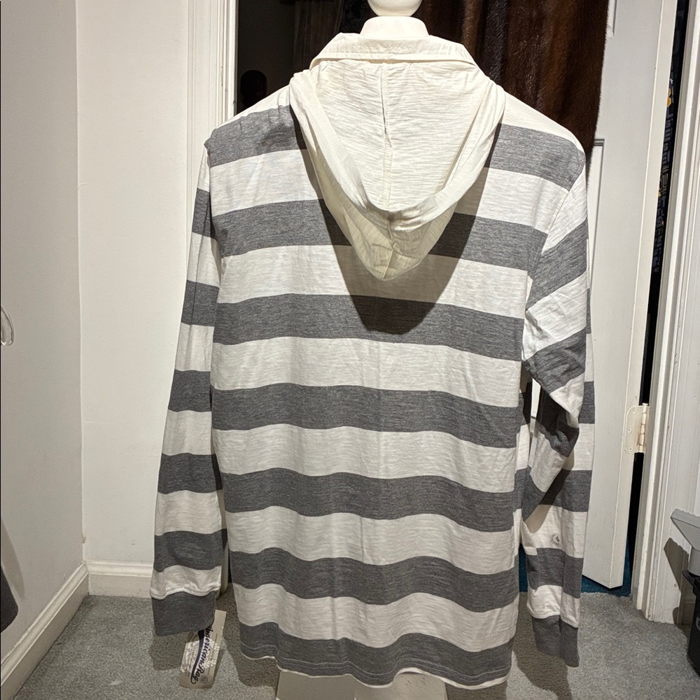 American Rag Hooded Gray and White Long Sleeve Striped Polo Shirt - Picture 9 of 9